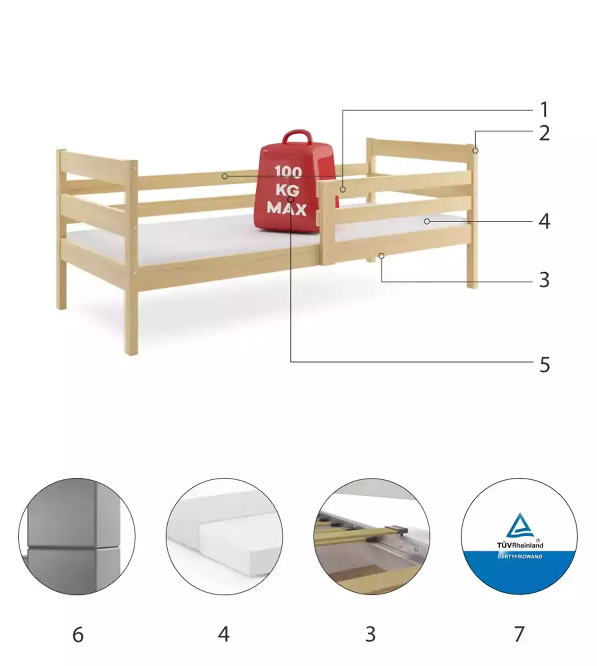 Komponenten für Jugendbett Erik, 90x200, mit Matratze, Kiefer