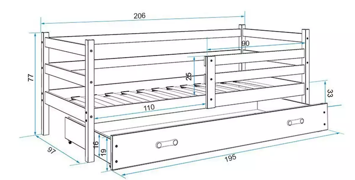 Abmessungen und Spezifikationen für Jugendbett Erik, 90x200, mit Matratze und Schublade, weiß Abmessungen und Spezifikationen für Jugendbett Erik, 90x200, mit Matratze und Schublade, weiß