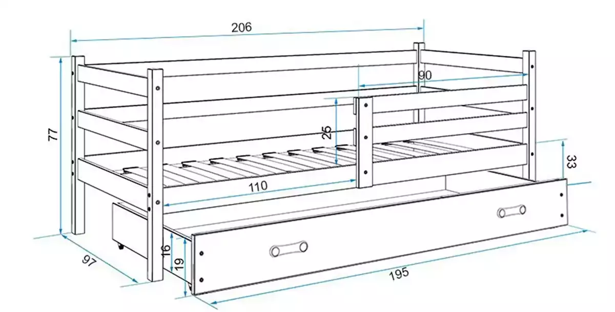 Abmessungen und Spezifikationen für Jugendbett Erik, 90x200, mit Matratze und Schublade, weiß/blau