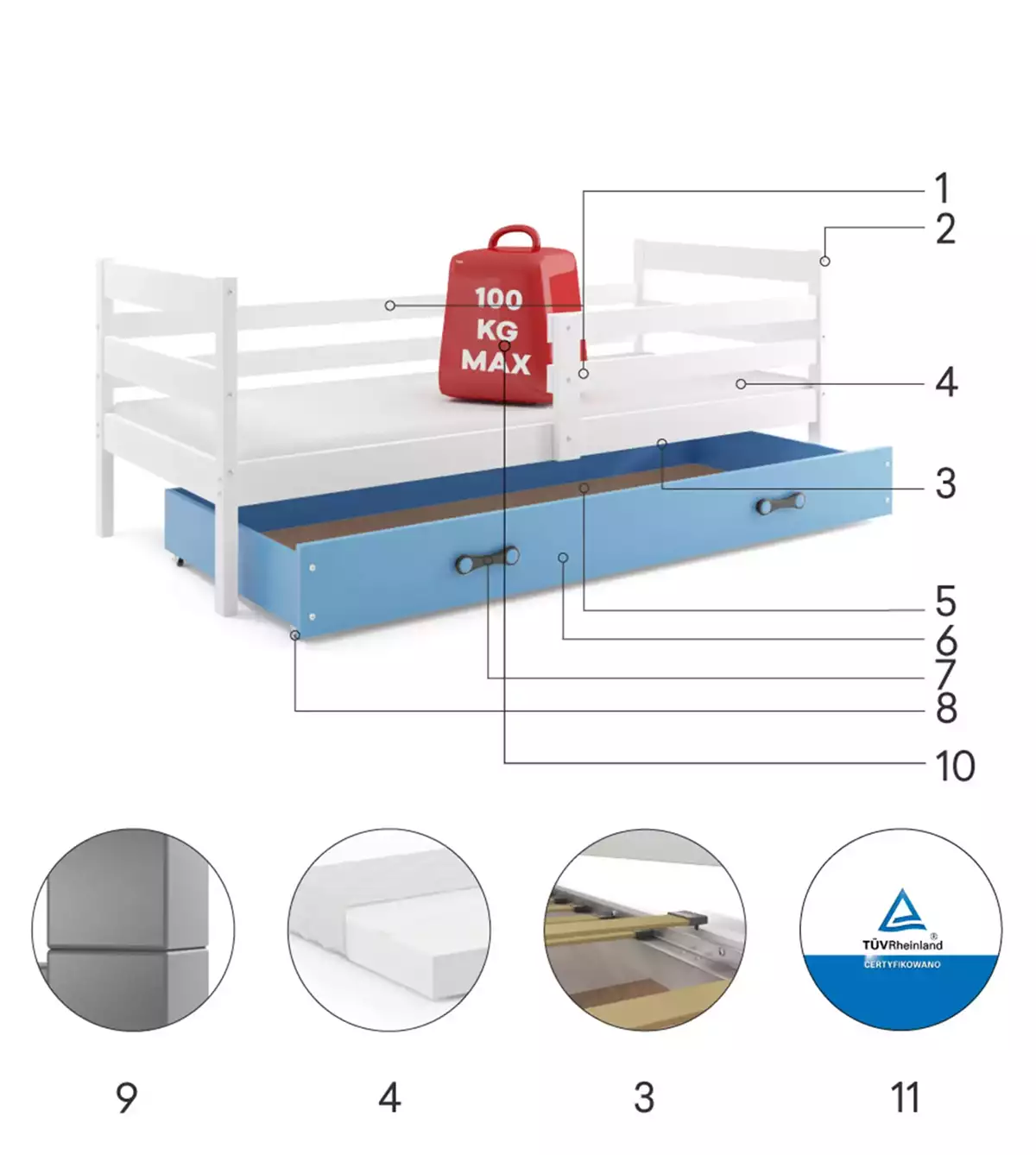 Komponenten für Jugendbett Erik, 90x200, mit Matratze und Schublade, weiß/blau