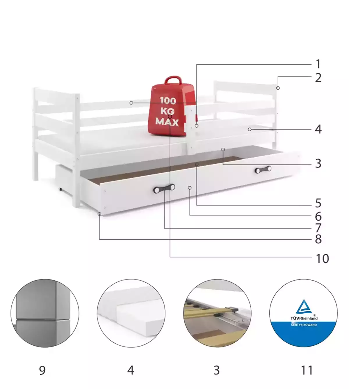 Komponenten für Jugendbett Erik, 90x200, mit Matratze und Schublade, weiß Komponenten für Jugendbett Erik, 90x200, mit Matratze und Schublade, weiß