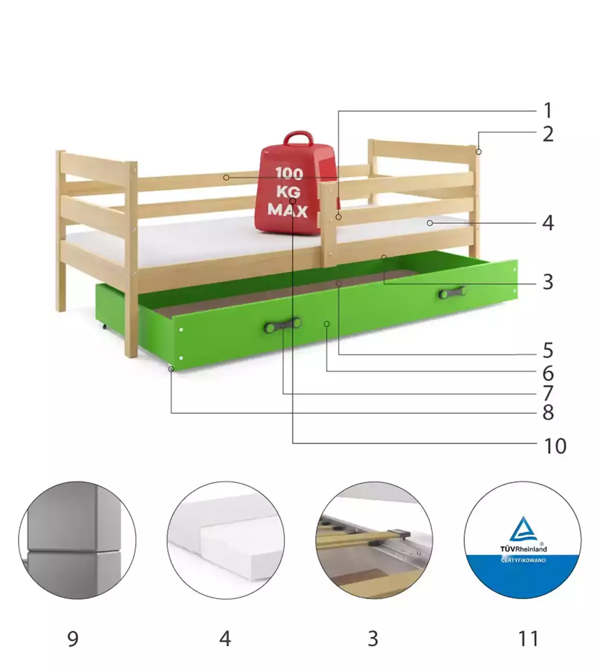 Komponenten für Jugendbett Erik, 90x200, mit Schublade, Kiefer/grün Komponenten für Jugendbett Erik, 90x200, mit Schublade, Kiefer/grün