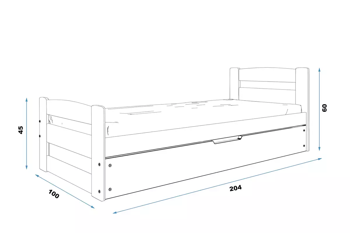 Abmessungen und Spezifikationen für Jugendbett Ernst, 90x200, mit Matratze und Stauraum, weiß