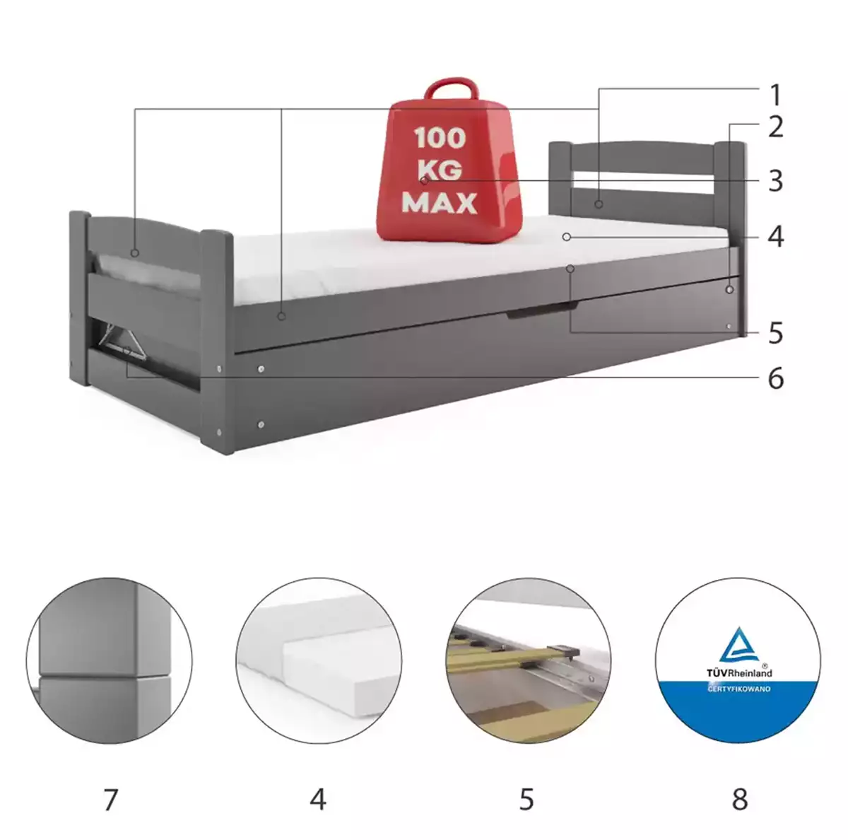 Komponenten für Jugendbett Ernst, 90x200, mit Stauraum, grau Komponenten für Jugendbett Ernst, 90x200, mit Stauraum, grau