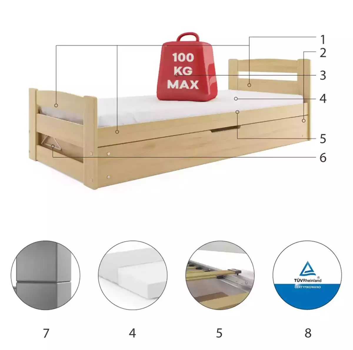 Komponenten für Jugendbett Ernst, 90x200, mit Stauraum, Kiefer Komponenten für Jugendbett Ernst, 90x200, mit Stauraum, Kiefer