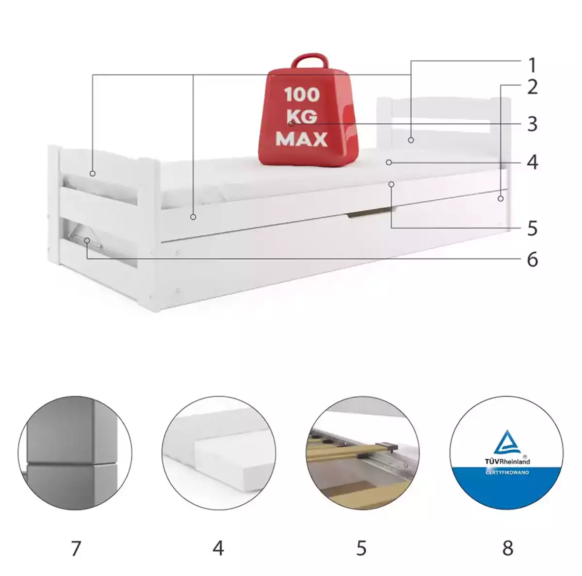 Komponenten für Jugendbett Ernst, 90x200, mit Stauraum, weiß Komponenten für Jugendbett Ernst, 90x200, mit Stauraum, weiß