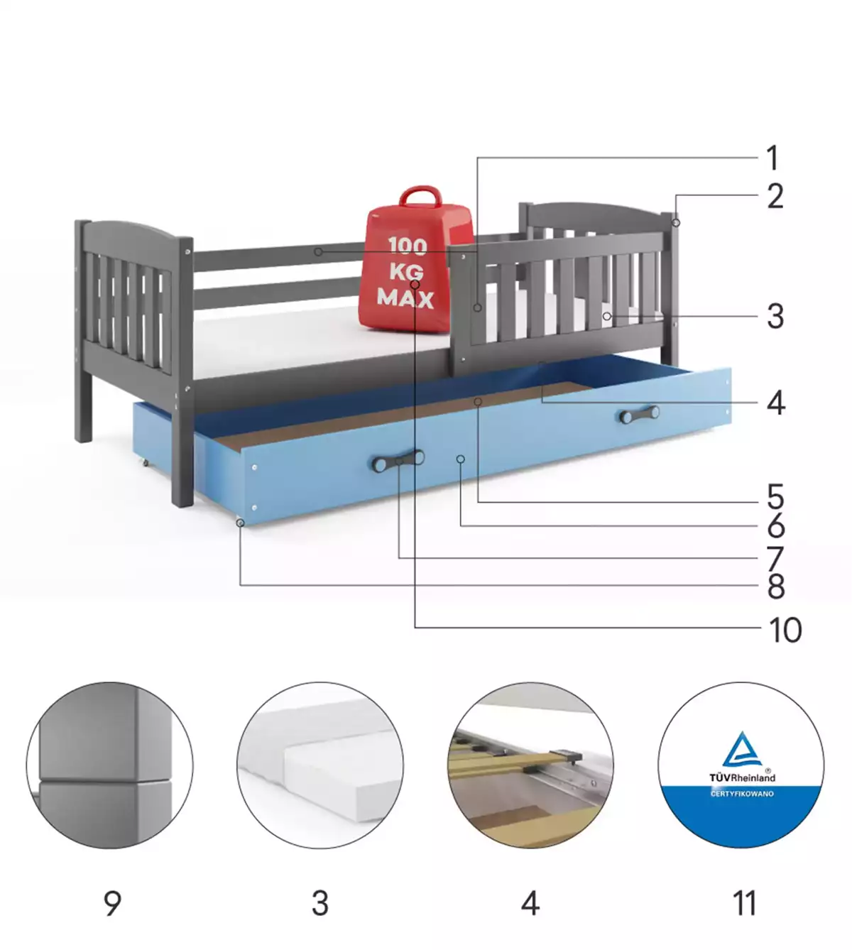 Komponenten für Jugendbett Jakob, 80x190, mit Matratze und Schublade, grau/blau