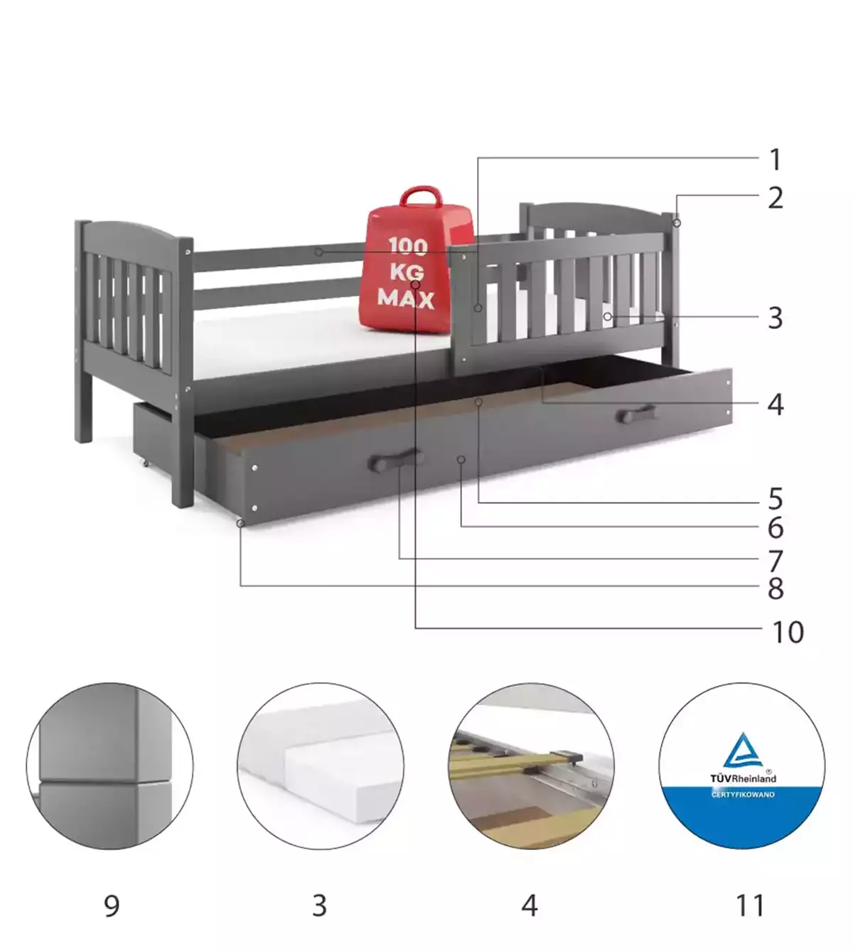 Komponenten für Jugendbett Jakob, 80x190, mit Matratze und Schublade, grau Komponenten für Jugendbett Jakob, 80x190, mit Matratze und Schublade, grau