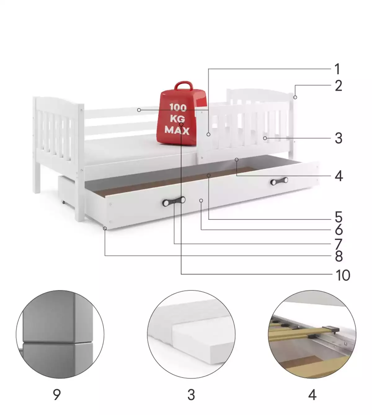 Komponenten für Jugendbett Jakob, 80x190, mit Matratze und Schublade, grau/weiß