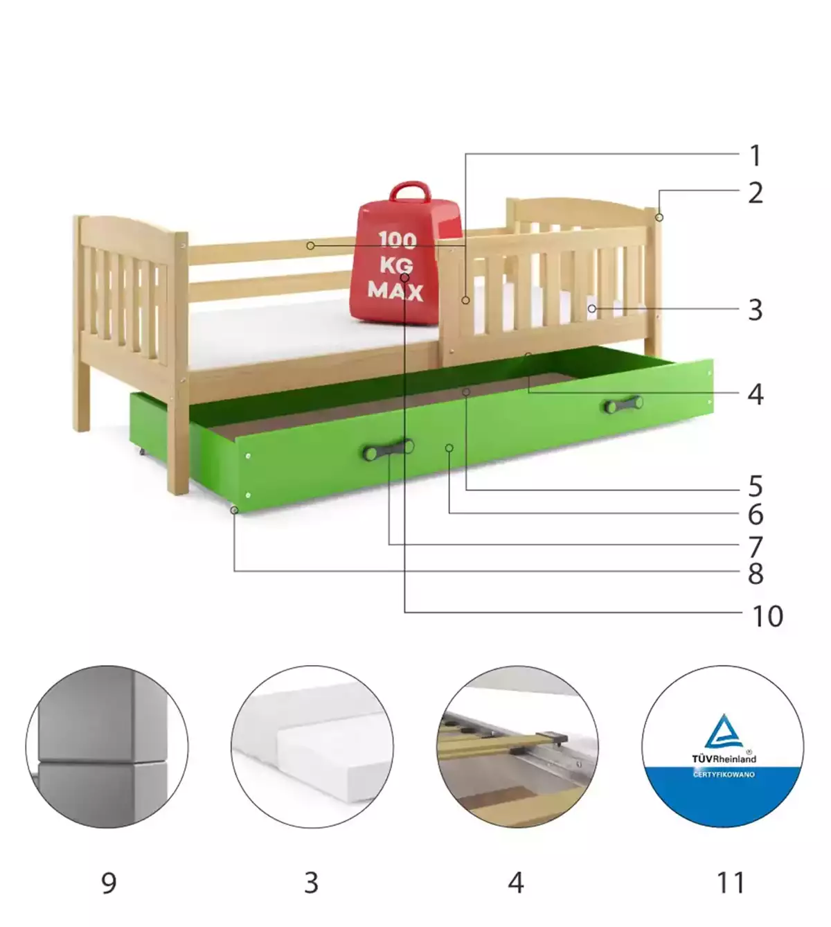 Komponenten für Jugendbett Jakob, 80x190, mit Matratze und Schublade, Kiefer/grün