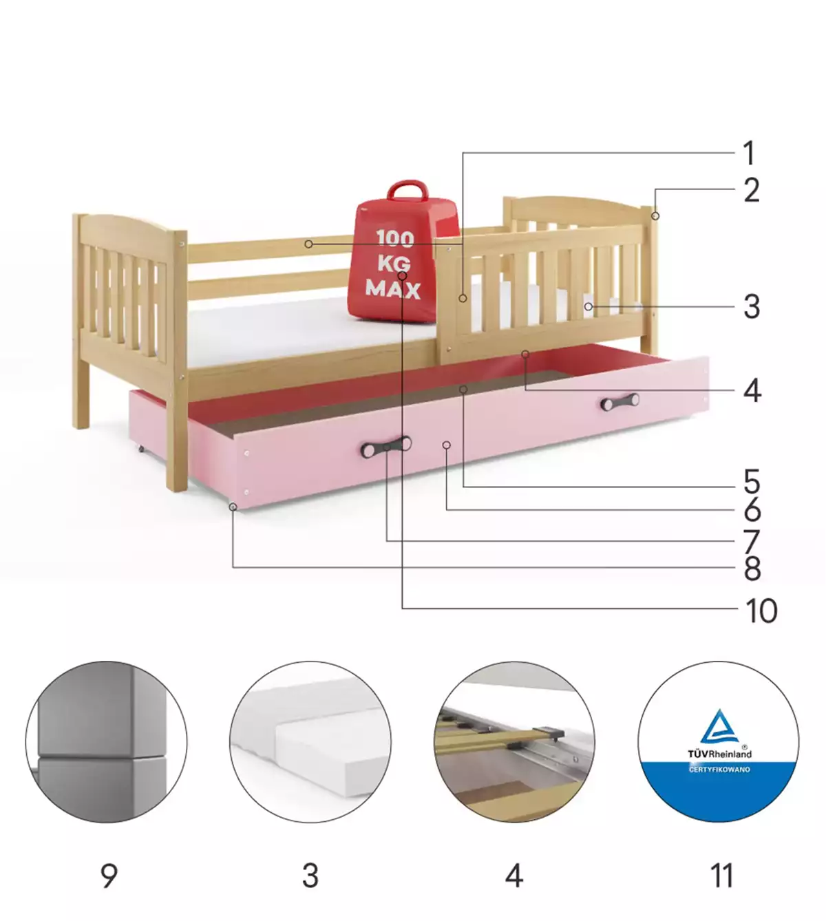 Komponenten für Jugendbett Jakob, 80x190, mit Matratze und Schublade, Kiefer/rosa