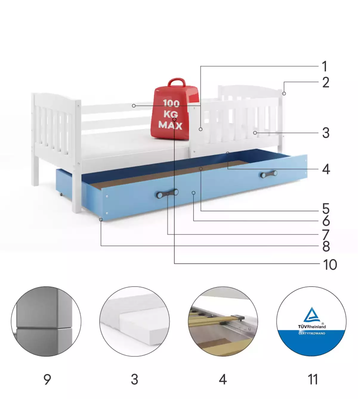 Komponenten für Jugendbett Jakob, 80x190, mit Schublade, weiß/blau