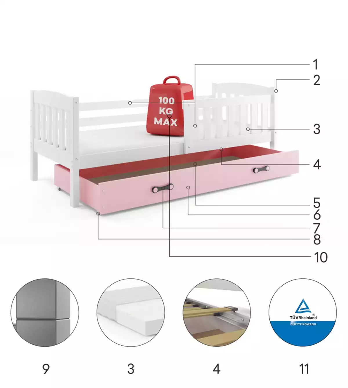 Komponenten für Jugendbett Jakob, 80x190, mit Schublade, weiß/rosa
