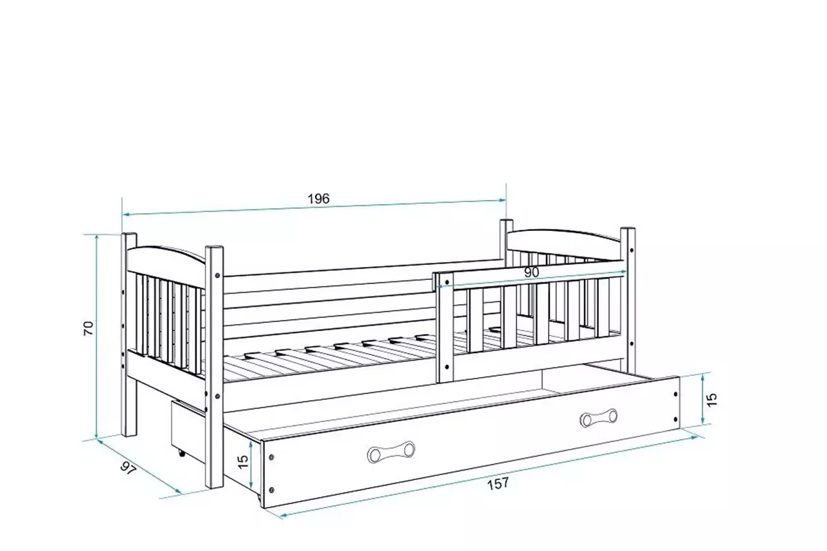 Abmessungen und Spezifikationen für Jugendbett Jakob, 90x190, mit Matratze und Schublade, Kiefer/grau Abmessungen und Spezifikationen für Jugendbett Jakob, 90x190, mit Matratze und Schublade, Kiefer/grau