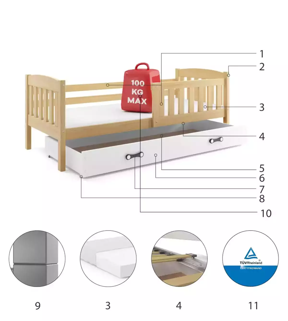 Komponenten für Jugendbett Jakob, 90x190, mit Matratze und Schublade, Kiefer/weiß