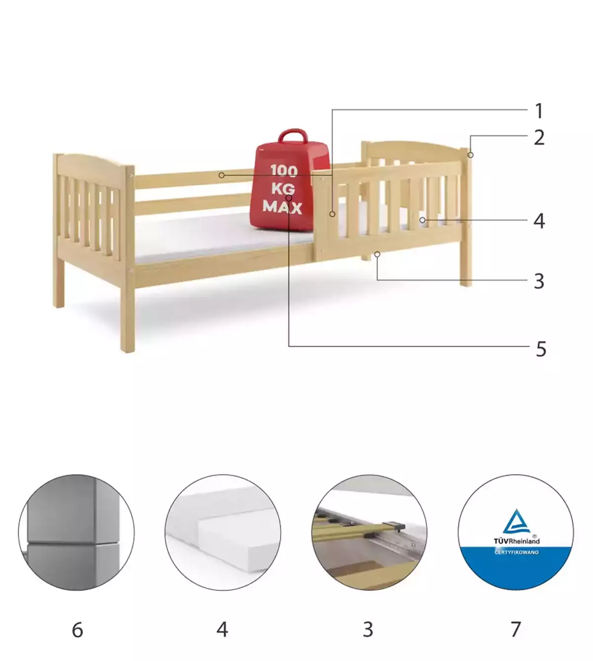 Komponenten für Jugendbett Jakob, 90x200, mit Matratze, Kiefer Komponenten für Jugendbett Jakob, 90x200, mit Matratze, Kiefer