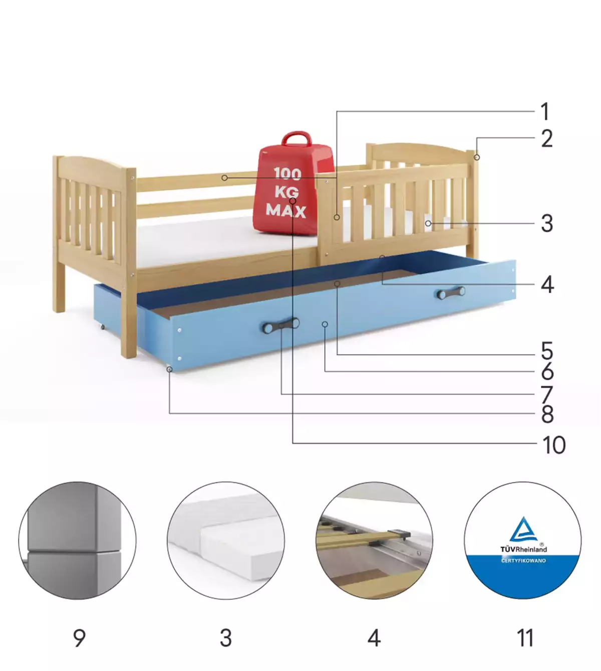 Komponenten für Jugendbett Jakob, 90x200, mit Matratze und Schublade, Kiefer/blau