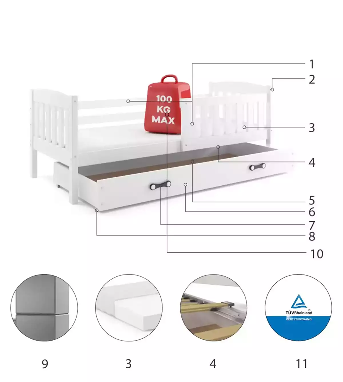 Komponenten für Jugendbett Jakob, 90x200, mit Matratze und Schublade, weiß Komponenten für Jugendbett Jakob, 90x200, mit Matratze und Schublade, weiß
