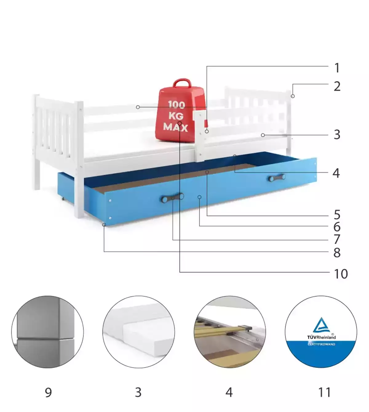 Komponenten für Jugendbett Lieb, 90x190, mit Matratze und Schublade, weiß/blau Komponenten für Jugendbett Lieb, 90x190, mit Matratze und Schublade, weiß/blau