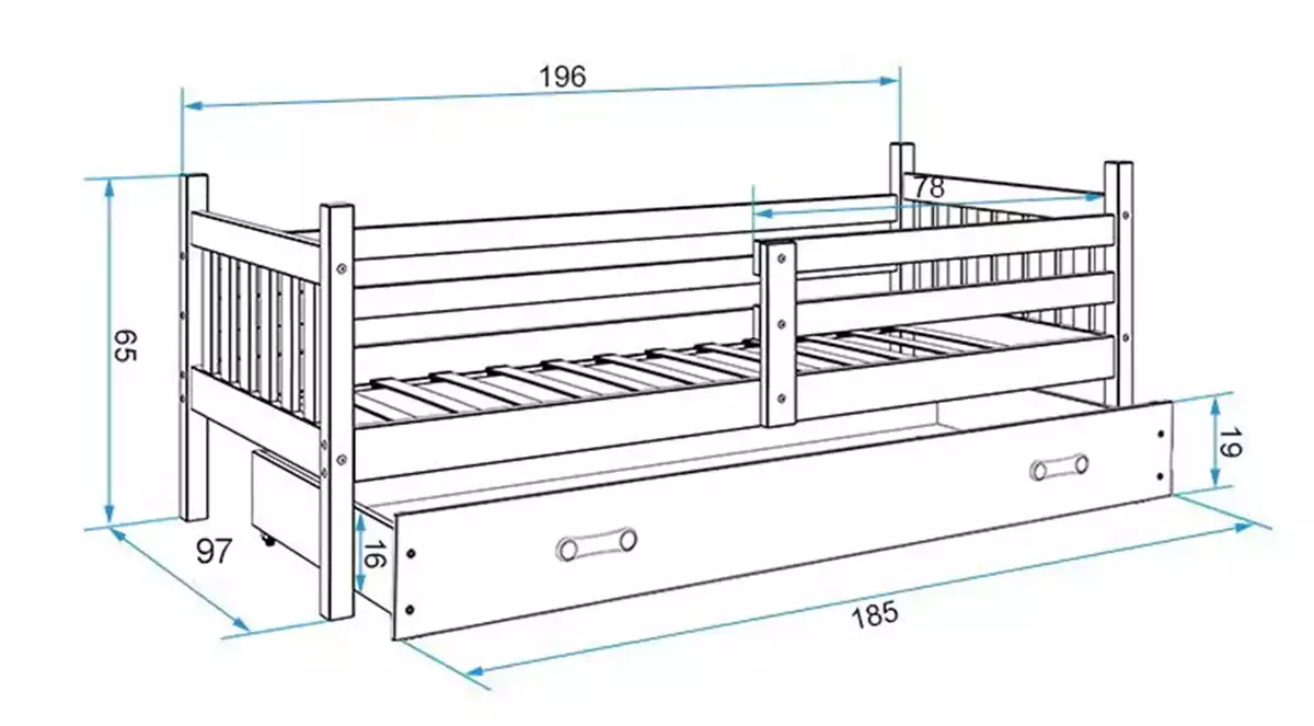 Abmessungen und Spezifikationen für Jugendbett Lieb, 90x190, mit Matratze und Schublade, weiß/grün Abmessungen und Spezifikationen für Jugendbett Lieb, 90x190, mit Matratze und Schublade, weiß/grün