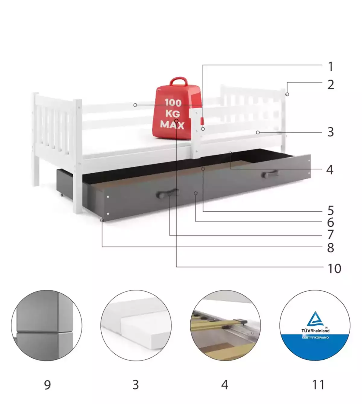 Komponenten für Jugendbett Lieb, 90x190, mit Matratze und Schublade, weiß/grau Komponenten für Jugendbett Lieb, 90x190, mit Matratze und Schublade, weiß/grau