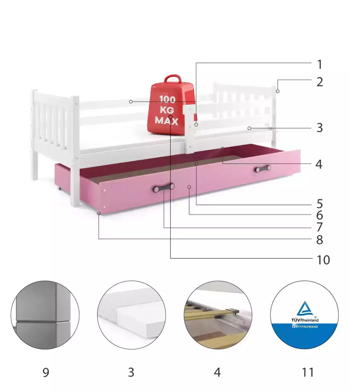 Komponenten für Jugendbett Lieb, 90x190, mit Matratze und Schublade, weiß/rosa