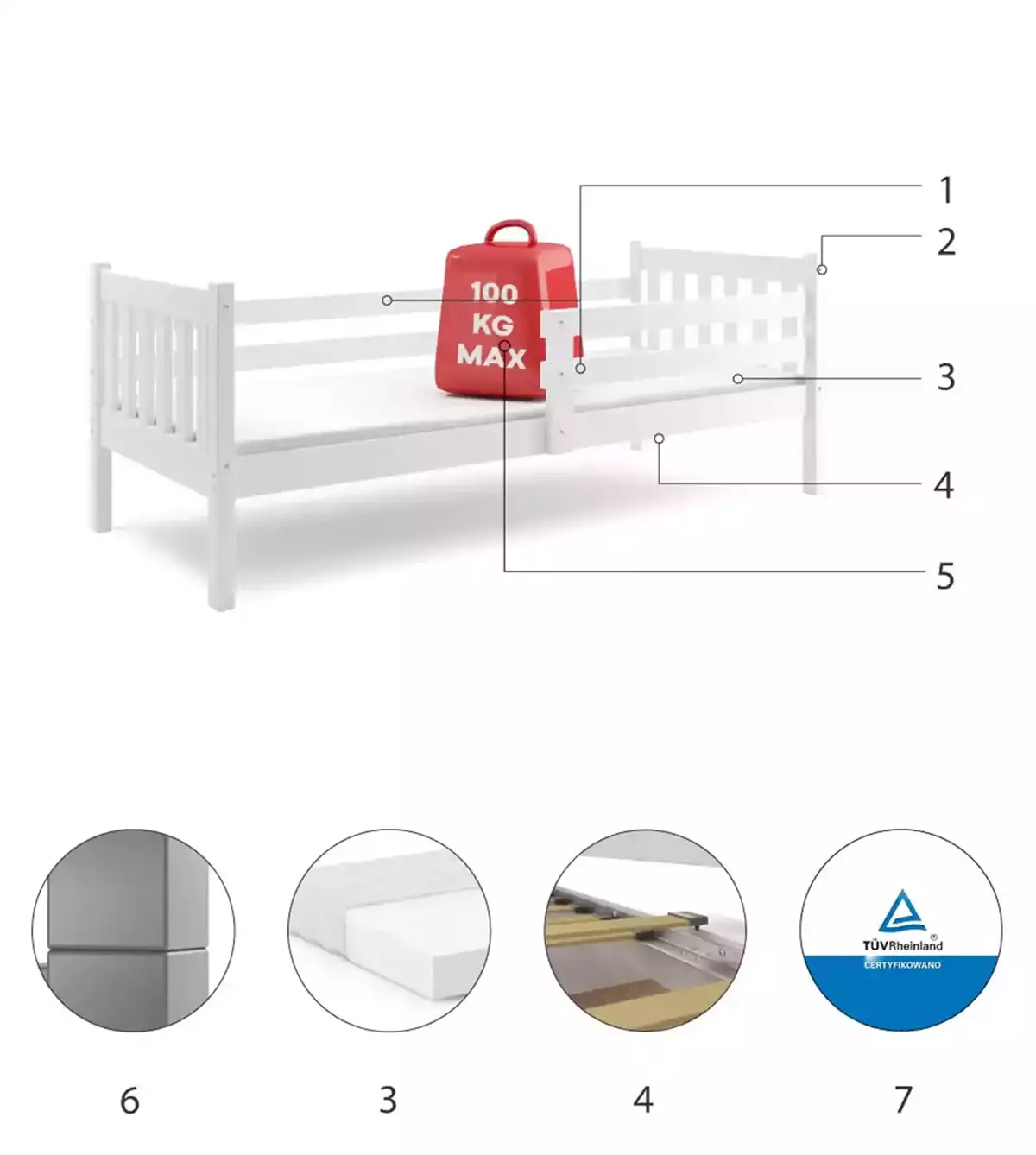 Komponenten für Jugendbett Lieb, 90x190, mit Matratze, weiß