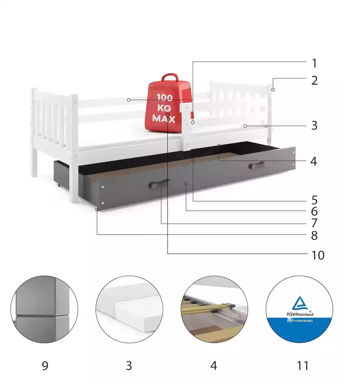 Komponenten für Jugendbett Lieb, 90x200, mit Matratze und Schublade, weiß/grau
