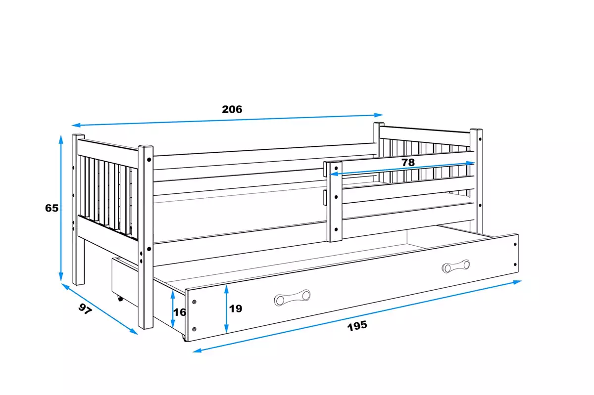 Abmessungen und Spezifikationen für Jugendbett Lieb, 90x200, mit Schublade, weiß Abmessungen und Spezifikationen für Jugendbett Lieb, 90x200, mit Schublade, weiß