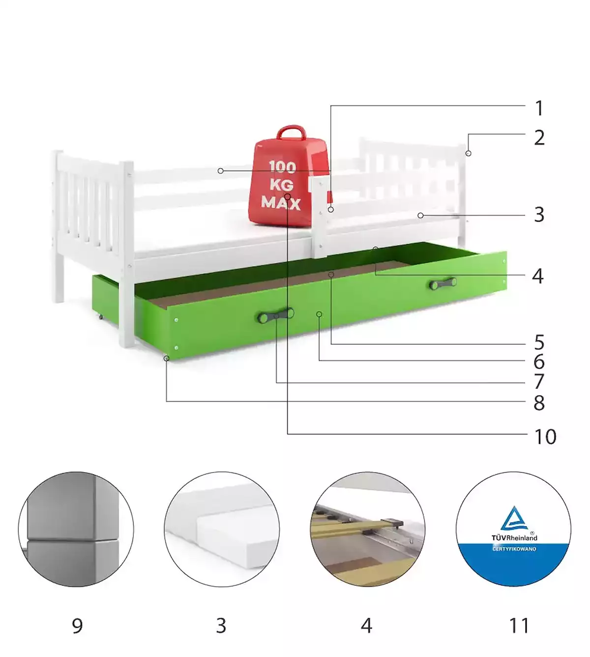 Komponenten für Jugendbett Lieb, 90x200, mit Schublade, weiß/grün