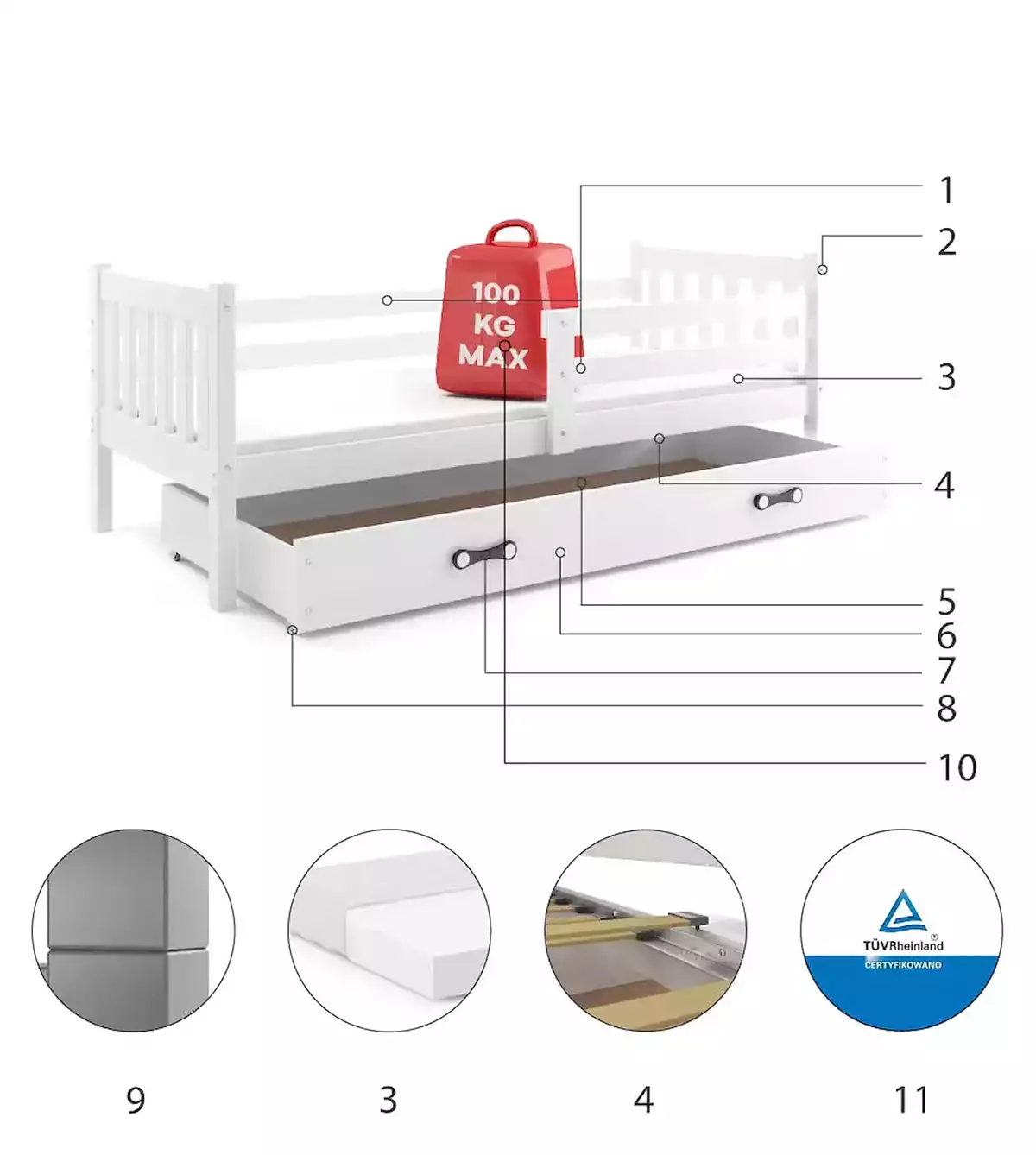 Komponenten für Jugendbett Lieb, 90x200, mit Schublade, weiß Komponenten für Jugendbett Lieb, 90x200, mit Schublade, weiß