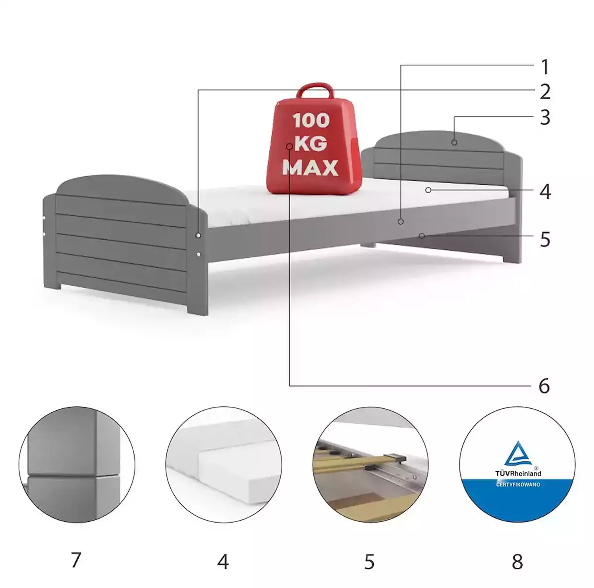 Komponenten für Jugendbett Lilly, 90x200, grau Komponenten für Jugendbett Lilly, 90x200, grau