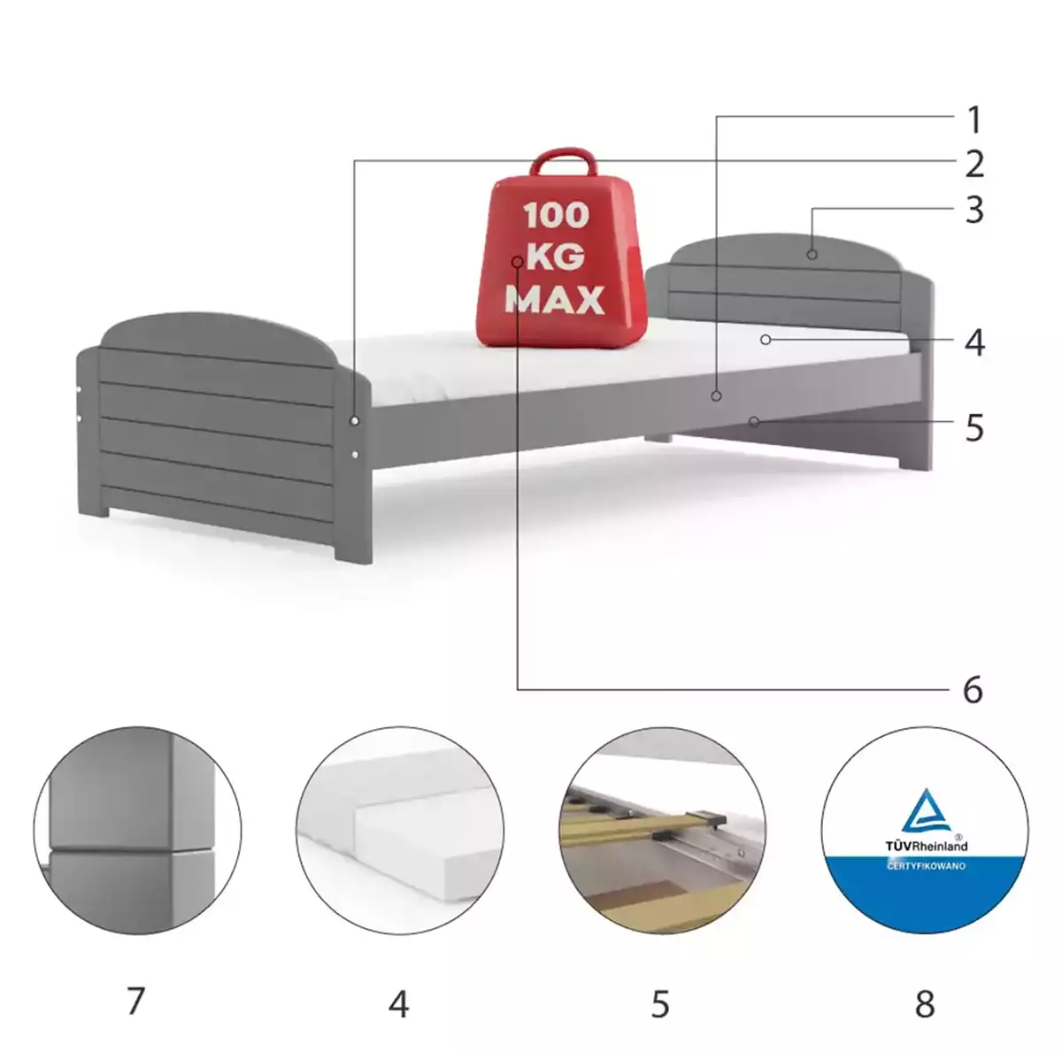Komponenten für Jugendbett Lilly, 90x200, mit Matratze, grau Komponenten für Jugendbett Lilly, 90x200, mit Matratze, grau