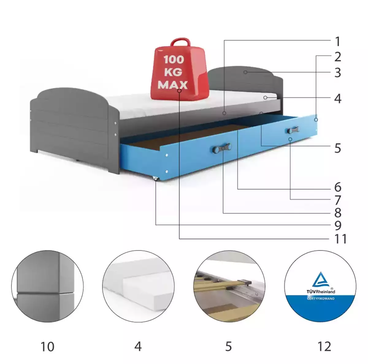 Komponenten für Jugendbett Lilly, 90x200, mit Matratze und Schublade, grau/blau