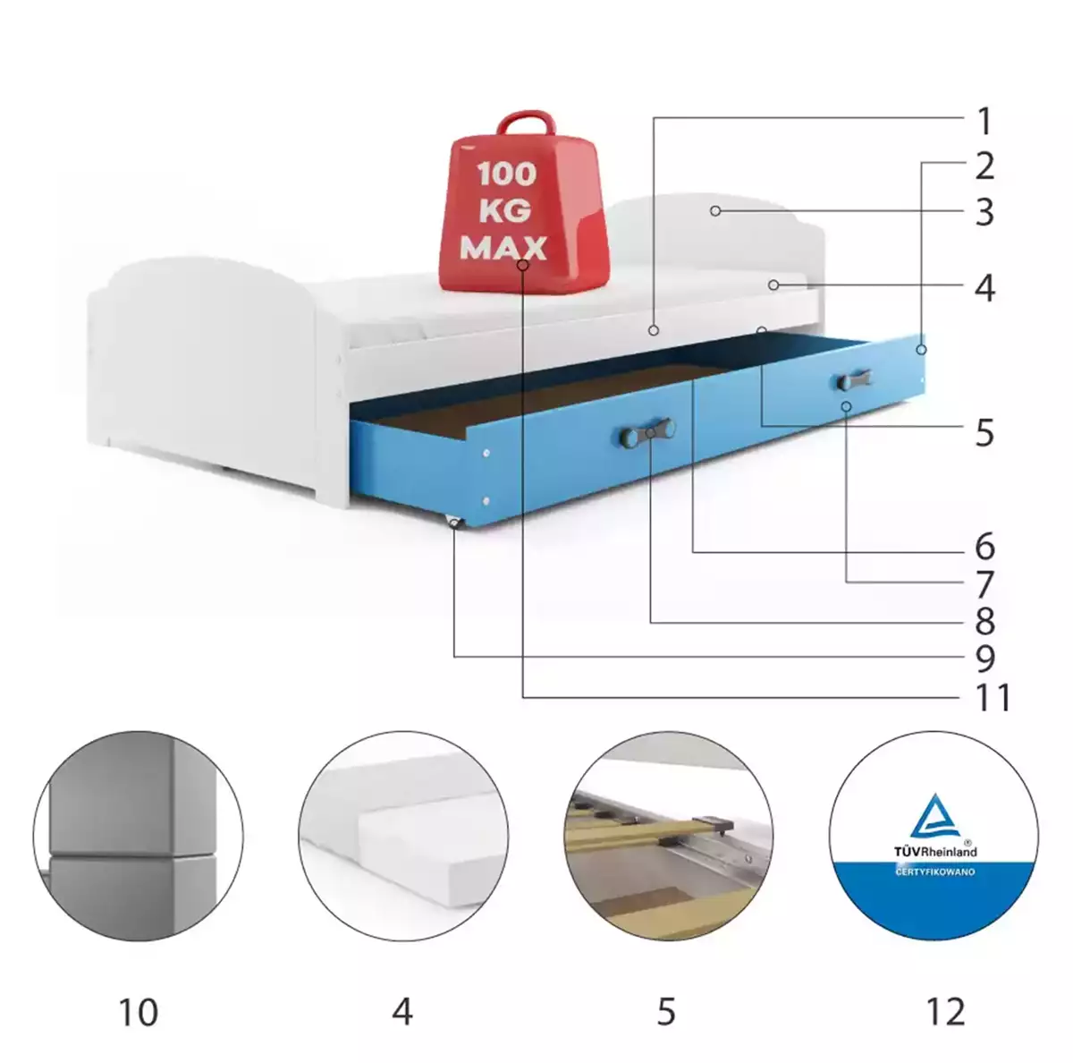 Komponenten für Jugendbett Lilly, 90x200, mit Matratze und Schublade, weiß/blau Komponenten für Jugendbett Lilly, 90x200, mit Matratze und Schublade, weiß/blau