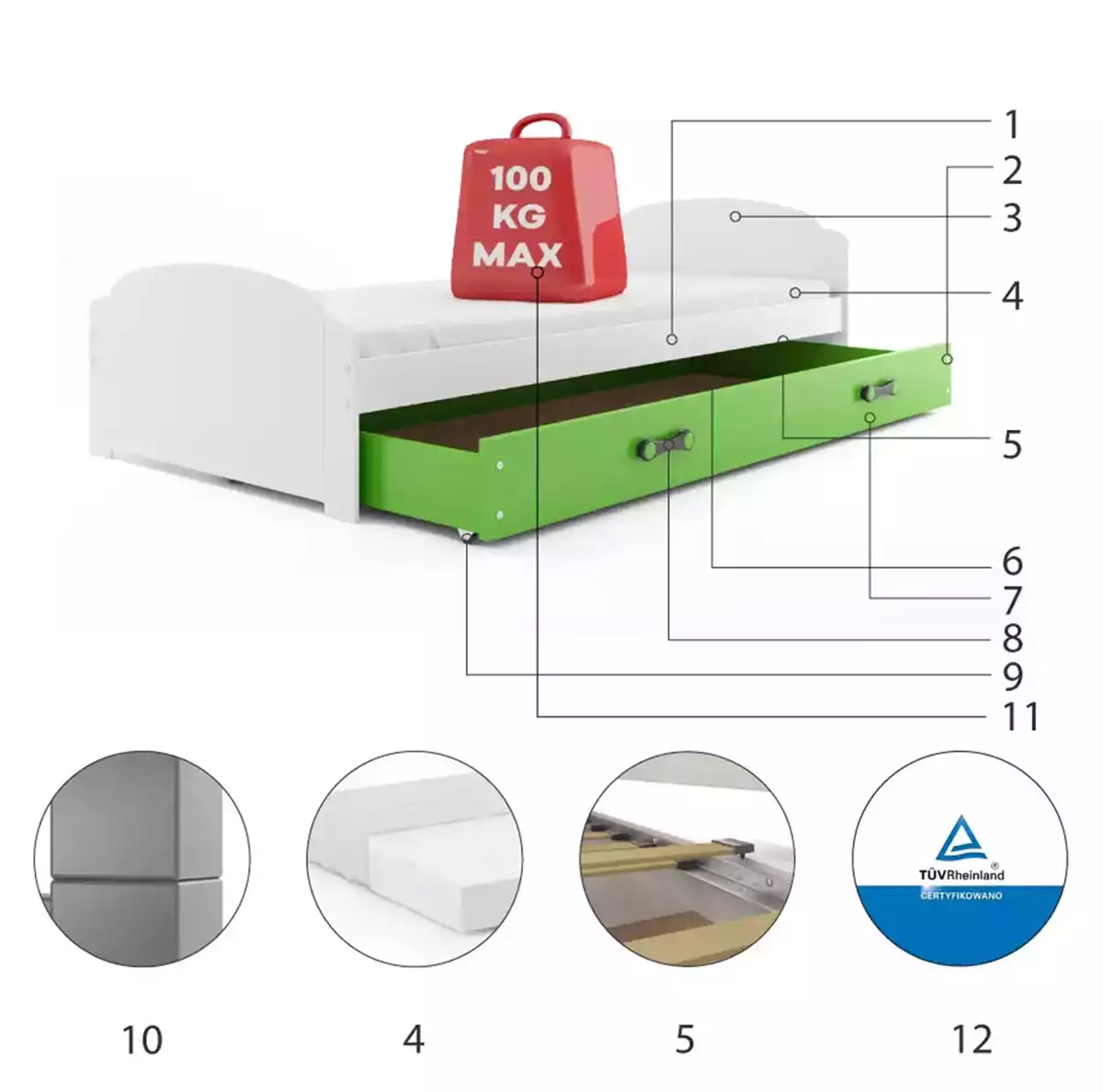 Komponenten für Jugendbett Lilly, 90x200, mit Matratze und Schublade, weiß/grün Komponenten für Jugendbett Lilly, 90x200, mit Matratze und Schublade, weiß/grün