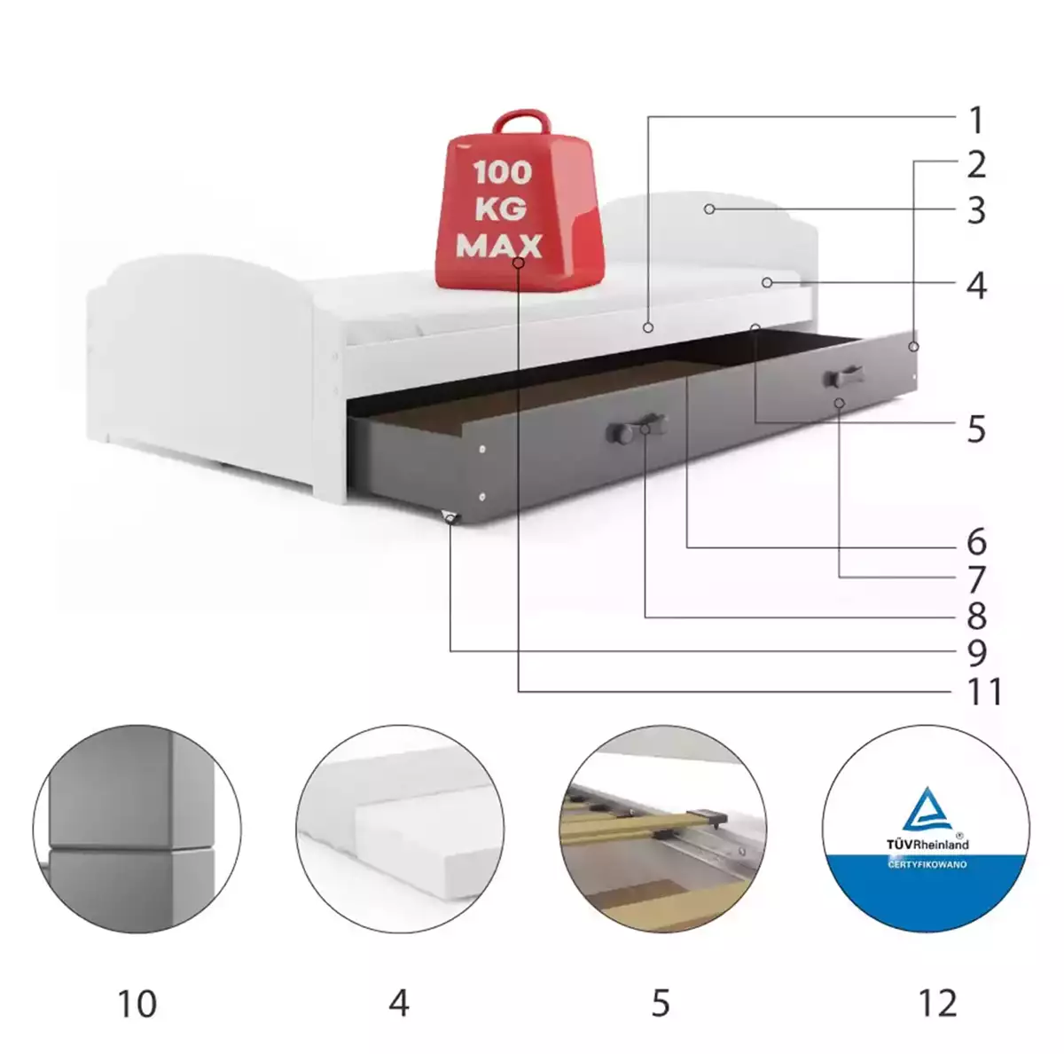 Komponenten für Jugendbett Lilly, 90x200, mit Matratze und Schublade, weiß/grau Komponenten für Jugendbett Lilly, 90x200, mit Matratze und Schublade, weiß/grau