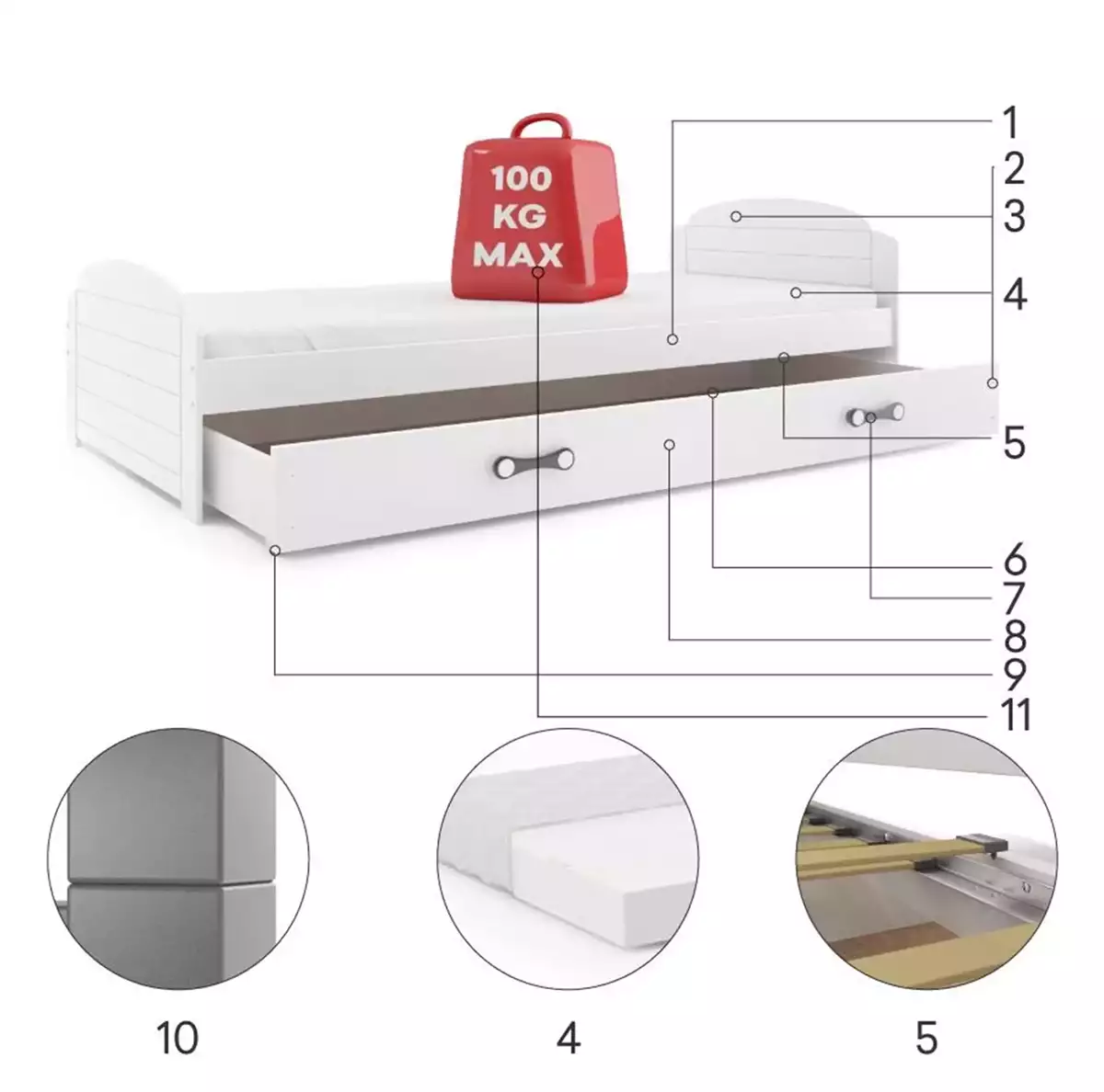Komponenten für Jugendbett Lilly, 90x200, mit Matratze und Schublade, weiß