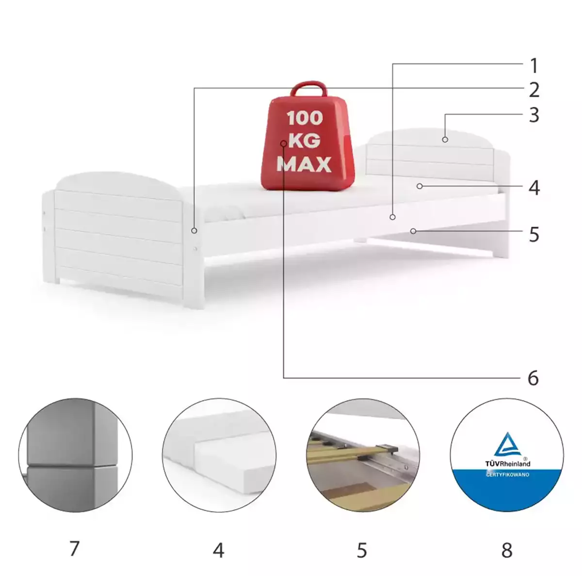 Komponenten für Jugendbett Lilly, 90x200, mit Matratze, weiß