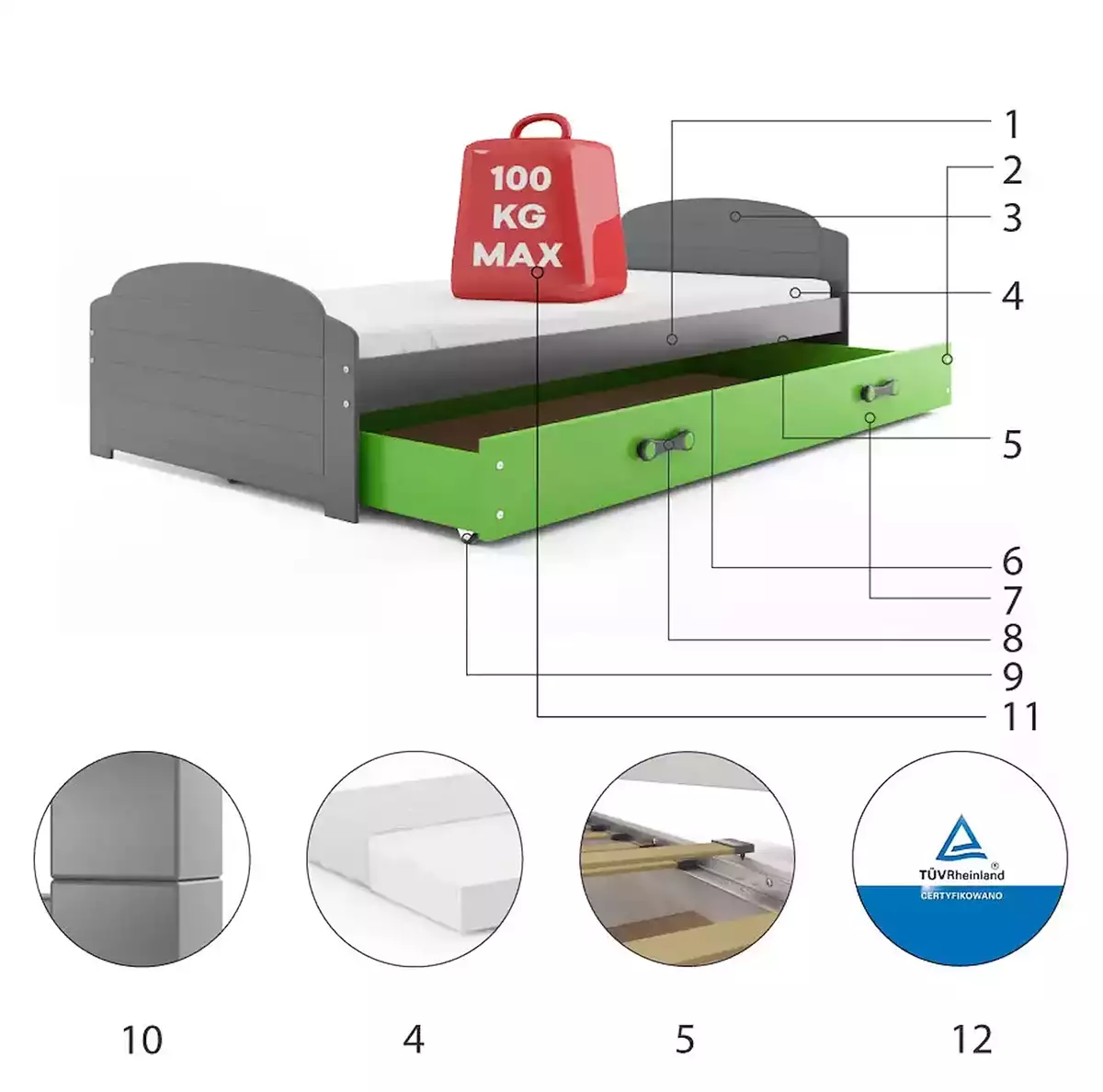 Komponenten für Jugendbett Lilly, 90x200, mit Schublade, grau/grün Komponenten für Jugendbett Lilly, 90x200, mit Schublade, grau/grün