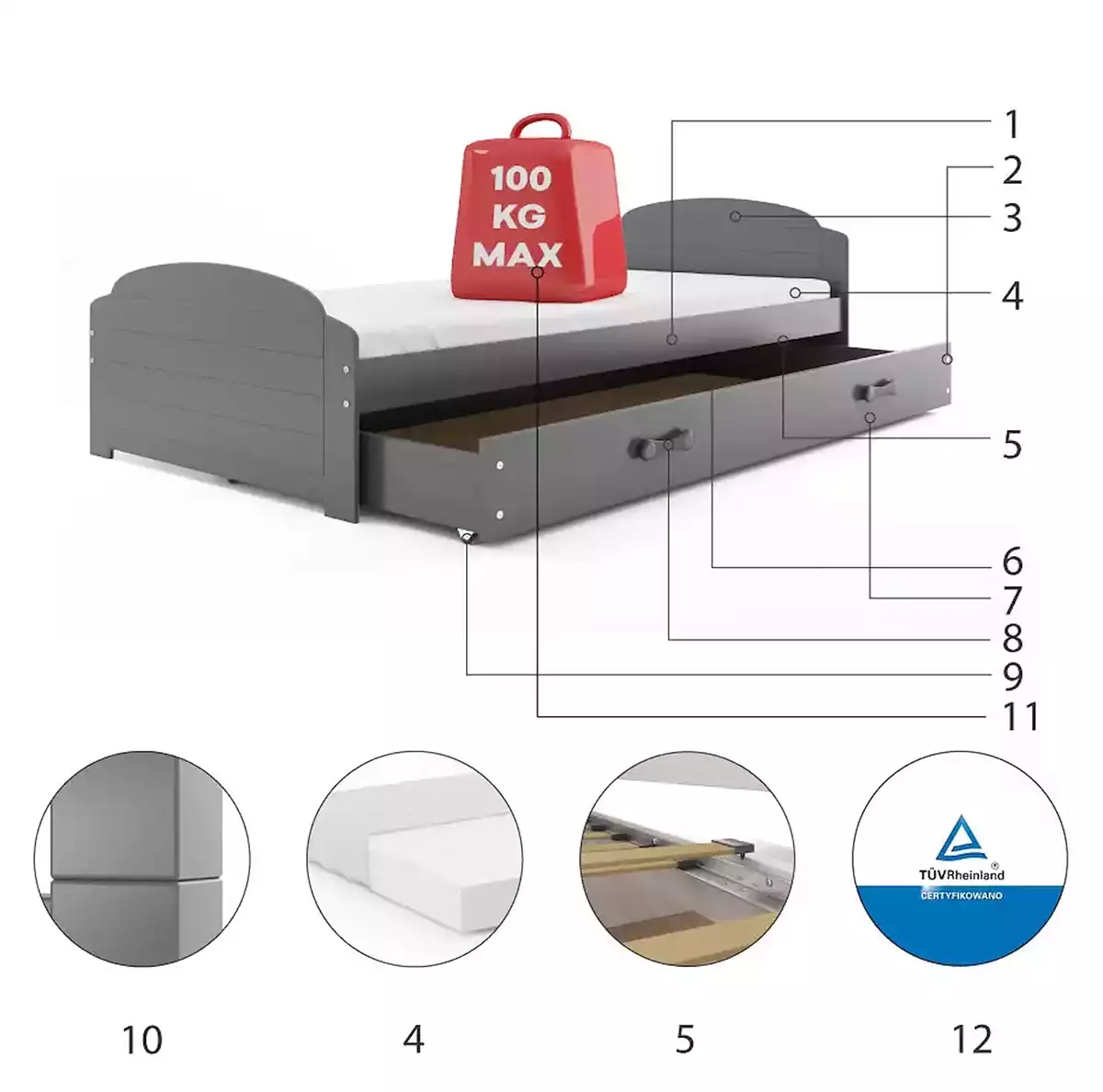 Komponenten für Jugendbett Lilly, 90x200, mit Schublade, grau Komponenten für Jugendbett Lilly, 90x200, mit Schublade, grau