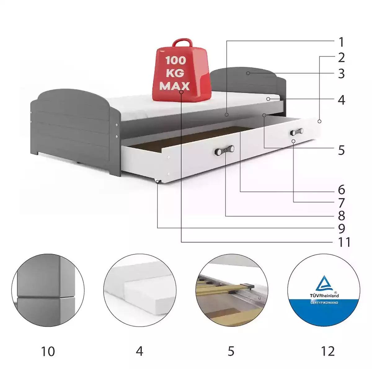 Komponenten für Jugendbett Lilly, 90x200, mit Schublade, grau/weiß