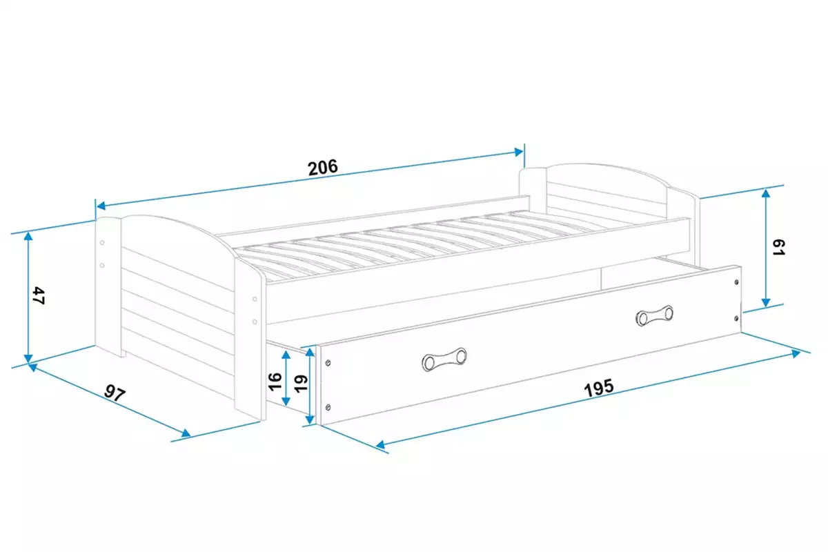 Abmessungen und Spezifikationen für Jugendbett Lilly, 90x200, mit Schublade, weiß Abmessungen und Spezifikationen für Jugendbett Lilly, 90x200, mit Schublade, weiß