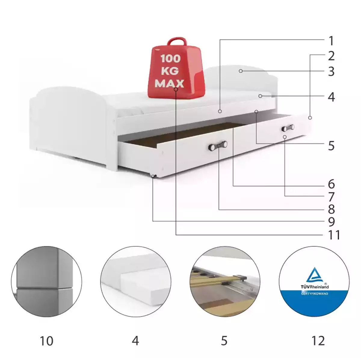 Komponenten für Jugendbett Lilly, 90x200, mit Schublade, weiß Komponenten für Jugendbett Lilly, 90x200, mit Schublade, weiß