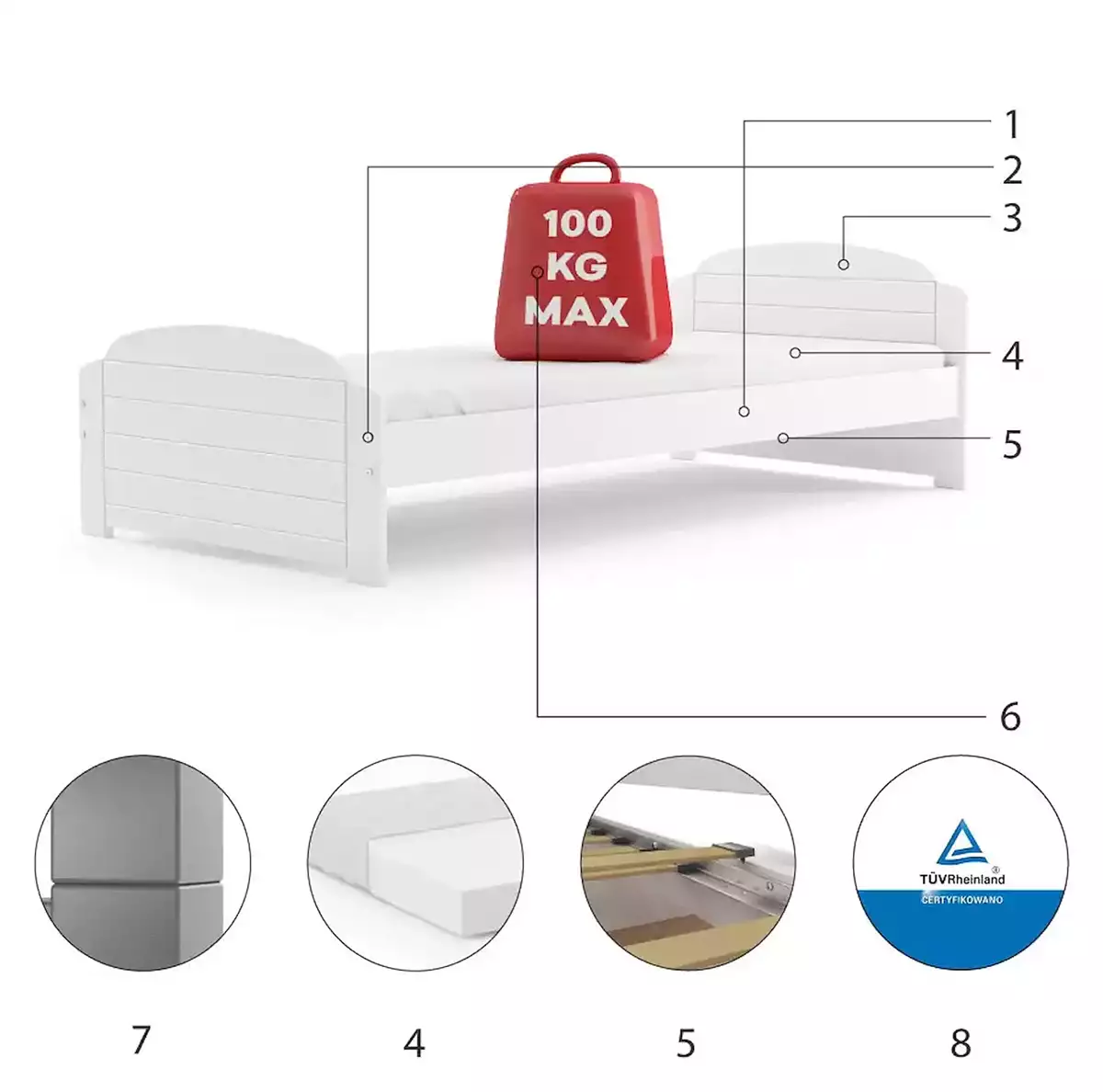 Komponenten für Jugendbett Lilly, 90x200, weiß Komponenten für Jugendbett Lilly, 90x200, weiß