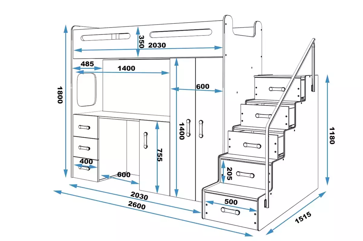 Abmessungen und Spezifikationen für Jugendbett Max 4, 80x200, mit Matratze und Schreibtisch, blau