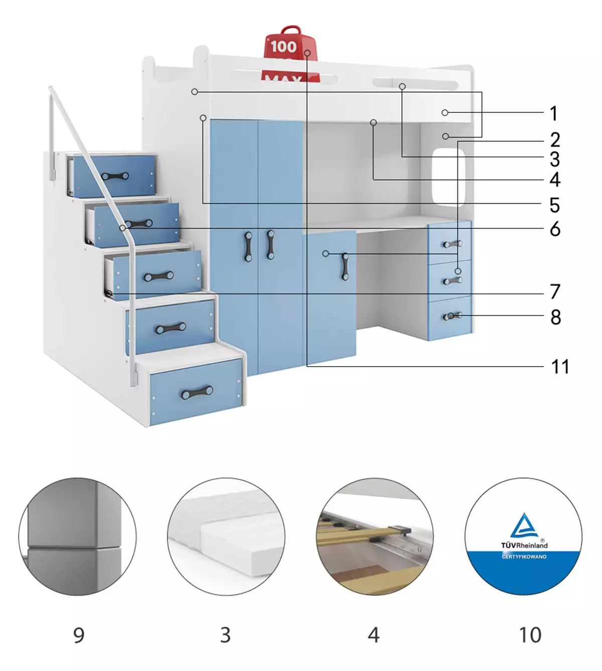 Komponenten für Jugendbett Max 4, 80x200, mit Matratze und Schreibtisch, blau