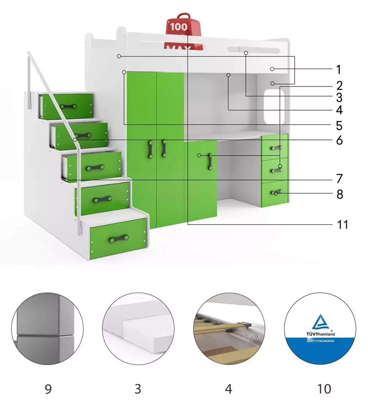 Komponenten für Jugendbett Max 4, 80x200, mit Matratze und Schreibtisch, grün Komponenten für Jugendbett Max 4, 80x200, mit Matratze und Schreibtisch, grün
