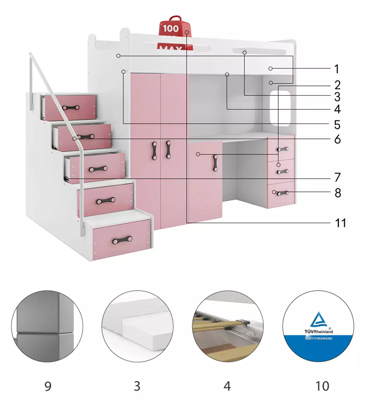 Komponenten für Jugendbett Max 4, 80x200, mit Matratze und Schreibtisch, rosa