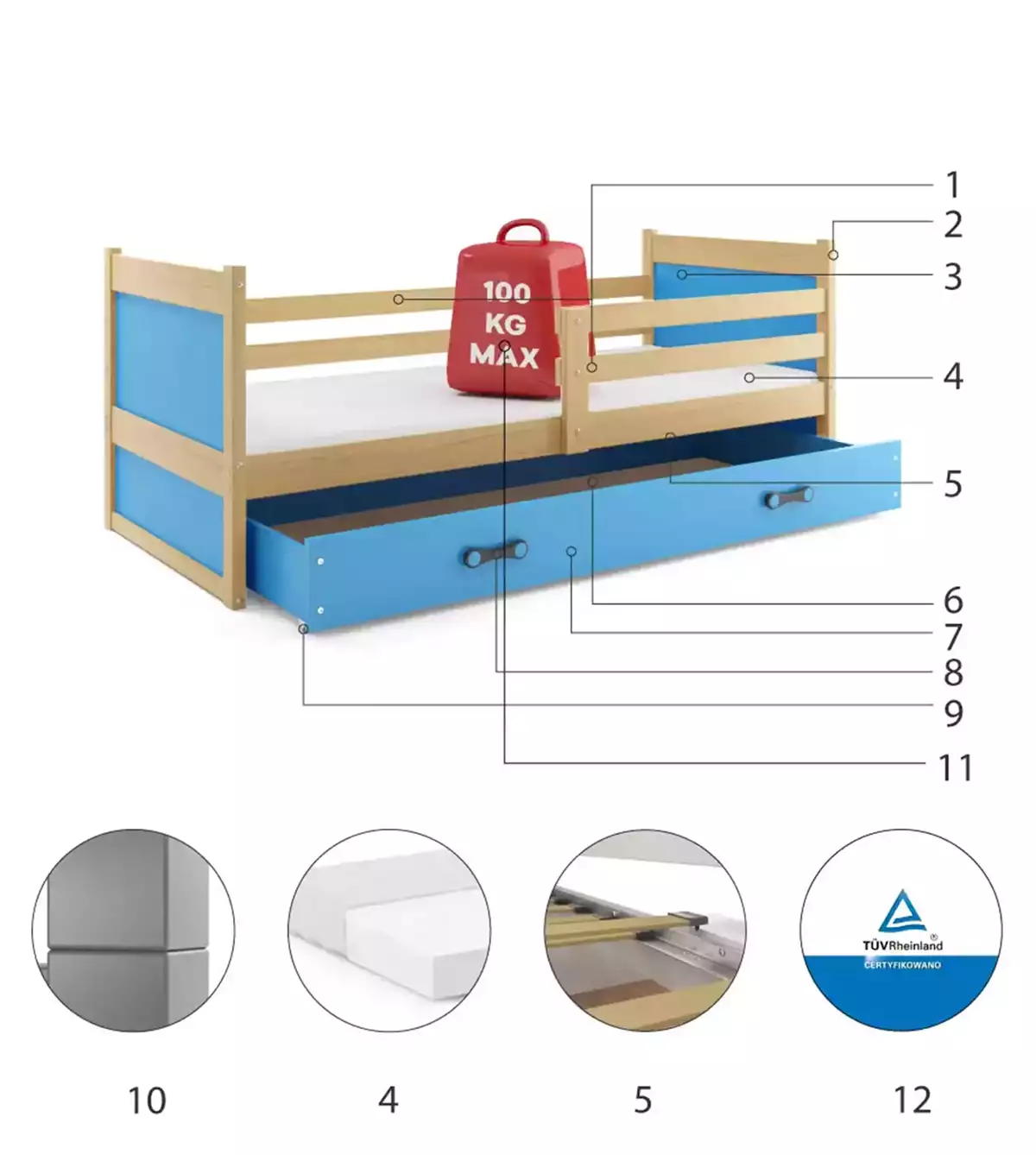 Komponenten für Jugendbett Richard, 80x190, mit Matratze und Schublade, Kiefer/blau Komponenten für Jugendbett Richard, 80x190, mit Matratze und Schublade, Kiefer/blau